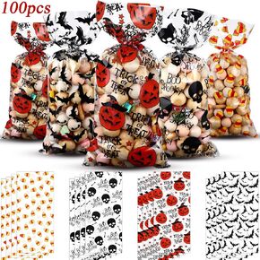 100 Counts Halloween Treat Bags Trick or Treat Candy Favor Bags Boo Spooky Cellophane Goodie Bags with 200 Pieces Orange and Silver Twist Ties for Kids Halloween Party Supplies, 4 Assorted Styles in Kuwait