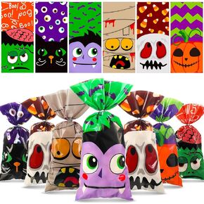 120 Pcs Halloween Plastic Bags Halloween Cellophane Bags Candy Cookie Goodie Bags Halloween Treat Bags for Trick or Treat with 120 Silver Twist Ties for Halloween Party Favors in Saudi Arabia