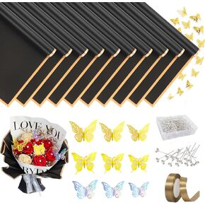 20 ورقة من ورق تغليف الزهور، ورق تغليف باقة سوداء مقاوم للماء مع 100 دبوس ماسي، 36 فراشة ثلاثية الأبعاد، شريط لفة واحد لحفلات أعياد الميلاد وحفلات الزفاف in Kuwait