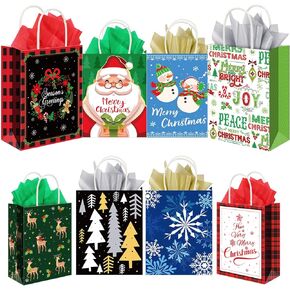 Cholemy 40 Pieces Christmas Gift Bags with Tissue Paper Bulk Kraft Christmas Bags with Handle for Christmas Holiday Birthday Shopping Parties Gift Wrapping (5.91 x 8.27 x 3.15 Inch)
