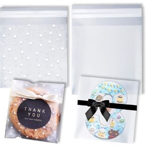 XGiGiX Self Adhesive Cookie/Candy/Treat Bag Set- 200 Pcs. Cellophane Frosted Bags with White Polka Dot (4" x 4",100 Pcs). Clear Resealable Large Frosted Cello Bags for Bakery (4.7"x 4.7",100 Pcs). in Saudi Arabia