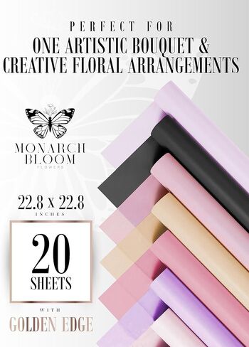 20 قطعة من ورق تغليف باقة Monarch Bloom Flowers - غلاف ورق زهور غير لامع ممتاز - ورق تغليف زهور مقاوم للماء - 20 ورقة مزدوجة الجوانب مقاس 22.8 × 22.8 بوصة (غير لامع، أسود) in Kuwait