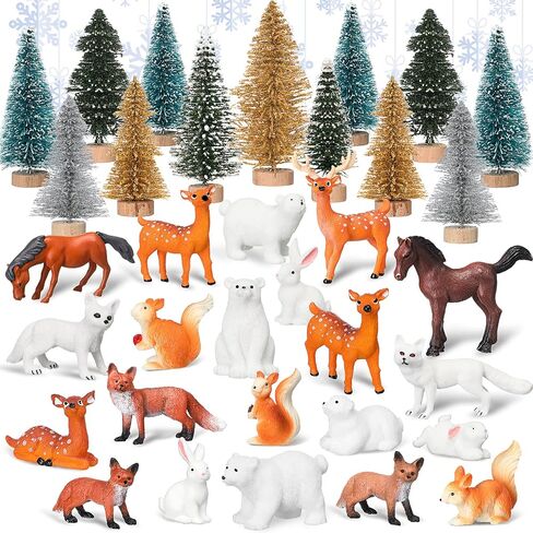Macarrie 34 Pieces Christmas Woodland Animal Figurine Winter Creature Figure Wild Animal Toys Miniature Pine Tree Bear Rabbit Squirrel Cake Toppers Gift for Xmas New Year Birthday Decorations in Saudi Arabia