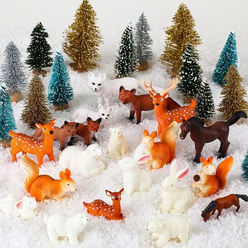 Macarrie 34 Pieces Christmas Woodland Animal Figurine Winter Creature Figure Wild Animal Toys Miniature Pine Tree Bear Rabbit Squirrel Cake Toppers Gift for Xmas New Year Birthday Decorations in Saudi Arabia