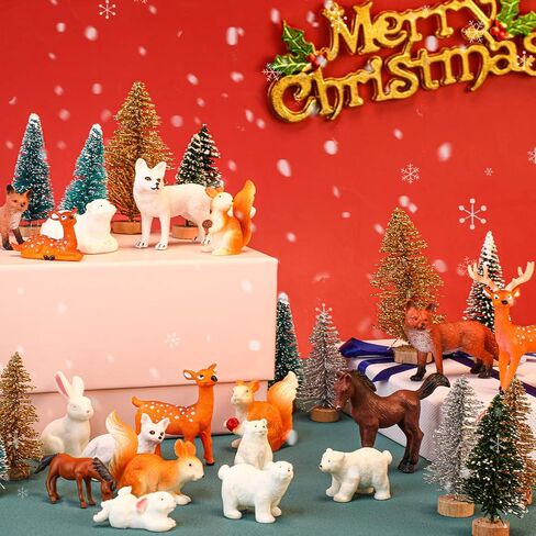 Macarrie 34 Pieces Christmas Woodland Animal Figurine Winter Creature Figure Wild Animal Toys Miniature Pine Tree Bear Rabbit Squirrel Cake Toppers Gift for Xmas New Year Birthday Decorations in Saudi Arabia