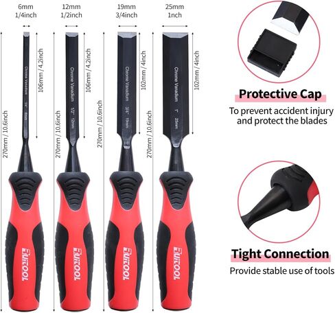 مجموعة أزاميل خشبية مكونة من 4 قطع من RUITOOL، أزاميل نحت الخشب بمقبض مريح لأدوات النجارة مع نهاية المطرقة، شفرة حافة مشطوفة من الفولاذ CR-V أدوات نجارة احترافية مع حقيبة أكسفورد in Kuwait