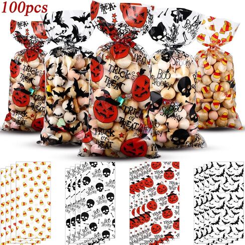 100 Counts Halloween Treat Bags Trick or Treat Candy Favor Bags Boo Spooky Cellophane Goodie Bags with 200 Pieces Orange and Silver Twist Ties for Kids Halloween Party Supplies, 4 Assorted Styles in Saudi Arabia