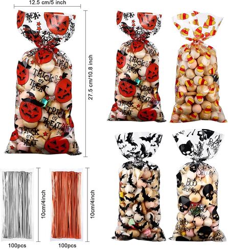 100 Counts Halloween Treat Bags Trick or Treat Candy Favor Bags Boo Spooky Cellophane Goodie Bags with 200 Pieces Orange and Silver Twist Ties for Kids Halloween Party Supplies, 4 Assorted Styles in Saudi Arabia