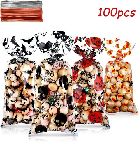 100 Counts Halloween Treat Bags Trick or Treat Candy Favor Bags Boo Spooky Cellophane Goodie Bags with 200 Pieces Orange and Silver Twist Ties for Kids Halloween Party Supplies, 4 Assorted Styles in Saudi Arabia