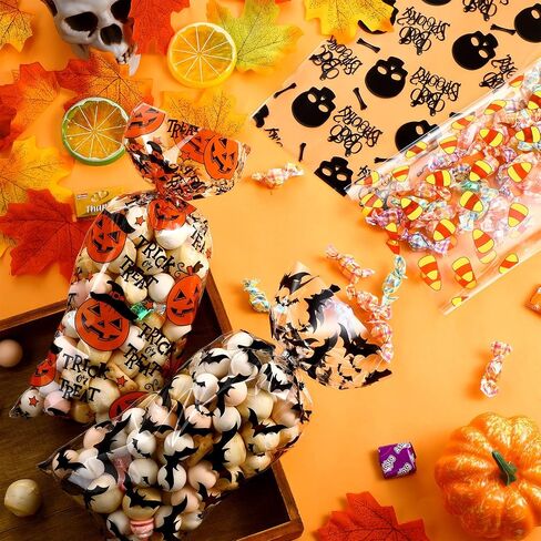 100 Counts Halloween Treat Bags Trick or Treat Candy Favor Bags Boo Spooky Cellophane Goodie Bags with 200 Pieces Orange and Silver Twist Ties for Kids Halloween Party Supplies, 4 Assorted Styles in Saudi Arabia