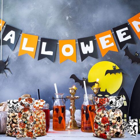 100 Counts Halloween Treat Bags Trick or Treat Candy Favor Bags Boo Spooky Cellophane Goodie Bags with 200 Pieces Orange and Silver Twist Ties for Kids Halloween Party Supplies, 4 Assorted Styles in Saudi Arabia