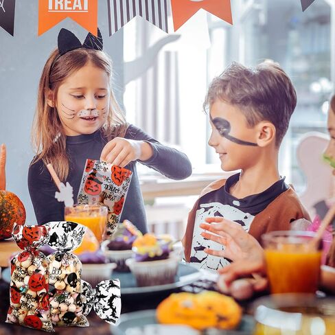 100 Counts Halloween Treat Bags Trick or Treat Candy Favor Bags Boo Spooky Cellophane Goodie Bags with 200 Pieces Orange and Silver Twist Ties for Kids Halloween Party Supplies, 4 Assorted Styles in Saudi Arabia