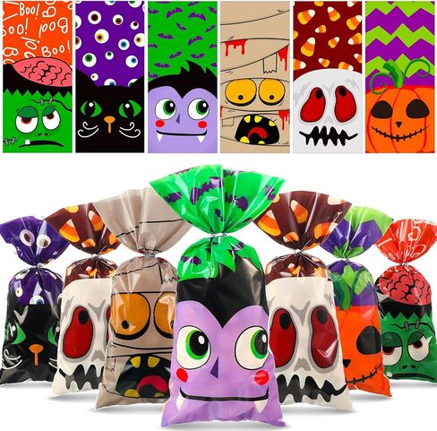 120 Pcs Halloween Plastic Bags Halloween Cellophane Bags Candy Cookie Goodie Bags Halloween Treat Bags for Trick or Treat with 120 Silver Twist Ties for Halloween Party Favors in Saudi Arabia