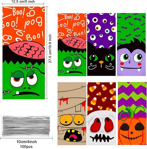 120 Pcs Halloween Plastic Bags Halloween Cellophane Bags Candy Cookie Goodie Bags Halloween Treat Bags for Trick or Treat with 120 Silver Twist Ties for Halloween Party Favors in Saudi Arabia