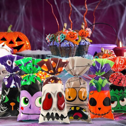 120 Pcs Halloween Plastic Bags Halloween Cellophane Bags Candy Cookie Goodie Bags Halloween Treat Bags for Trick or Treat with 120 Silver Twist Ties for Halloween Party Favors in Saudi Arabia