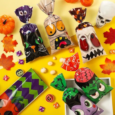 120 Pcs Halloween Plastic Bags Halloween Cellophane Bags Candy Cookie Goodie Bags Halloween Treat Bags for Trick or Treat with 120 Silver Twist Ties for Halloween Party Favors in Saudi Arabia