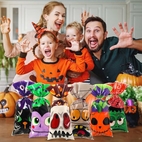 120 Pcs Halloween Plastic Bags Halloween Cellophane Bags Candy Cookie Goodie Bags Halloween Treat Bags for Trick or Treat with 120 Silver Twist Ties for Halloween Party Favors in Saudi Arabia