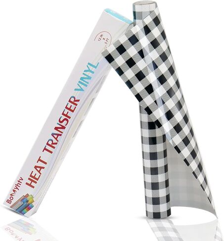 Bonnyhtv Buffalo Plaid HTV Vinyl 12" x 5ft، حديد على الفينيل للكريكات والنقش، لفافة فينيل منقوشة باللون الأبيض والأسود للقمصان والحقائب والمناديل والوسائد والقبعات والجوارب وديكورات عيد الميلاد in Kuwait