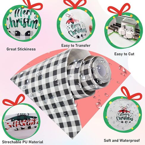 Bonnyhtv Buffalo Plaid HTV Vinyl 12" x 5ft، حديد على الفينيل للكريكات والنقش، لفافة فينيل منقوشة باللون الأبيض والأسود للقمصان والحقائب والمناديل والوسائد والقبعات والجوارب وديكورات عيد الميلاد in Kuwait