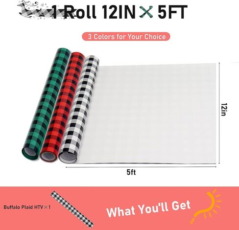 Bonnyhtv Buffalo Plaid HTV Vinyl 12" x 5ft، حديد على الفينيل للكريكات والنقش، لفافة فينيل منقوشة باللون الأبيض والأسود للقمصان والحقائب والمناديل والوسائد والقبعات والجوارب وديكورات عيد الميلاد in Kuwait