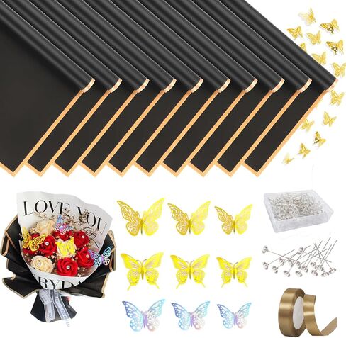 20 ورقة من ورق تغليف الزهور، ورق تغليف باقة سوداء مقاوم للماء مع 100 دبوس ماسي، 36 فراشة ثلاثية الأبعاد، شريط لفة واحد لحفلات أعياد الميلاد وحفلات الزفاف in Kuwait