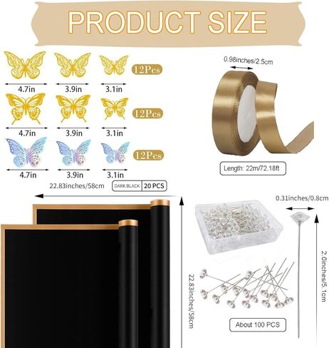 20 ورقة من ورق تغليف الزهور، ورق تغليف باقة سوداء مقاوم للماء مع 100 دبوس ماسي، 36 فراشة ثلاثية الأبعاد، شريط لفة واحد لحفلات أعياد الميلاد وحفلات الزفاف in Kuwait