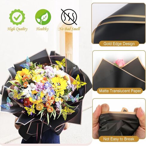 20 ورقة من ورق تغليف الزهور، ورق تغليف باقة سوداء مقاوم للماء مع 100 دبوس ماسي، 36 فراشة ثلاثية الأبعاد، شريط لفة واحد لحفلات أعياد الميلاد وحفلات الزفاف in Kuwait
