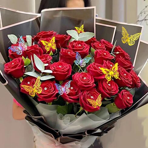 20 ورقة من ورق تغليف الزهور، ورق تغليف باقة سوداء مقاوم للماء مع 100 دبوس ماسي، 36 فراشة ثلاثية الأبعاد، شريط لفة واحد لحفلات أعياد الميلاد وحفلات الزفاف in Kuwait