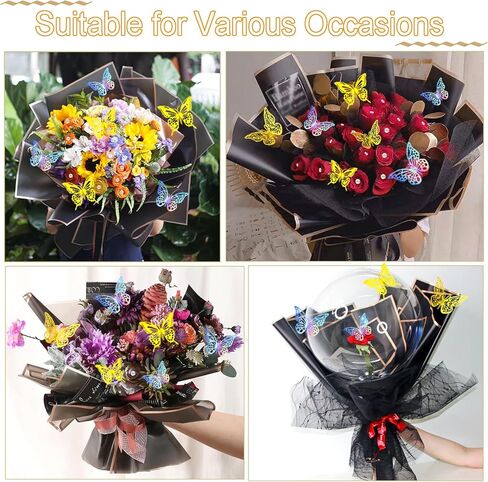 20 ورقة من ورق تغليف الزهور، ورق تغليف باقة سوداء مقاوم للماء مع 100 دبوس ماسي، 36 فراشة ثلاثية الأبعاد، شريط لفة واحد لحفلات أعياد الميلاد وحفلات الزفاف in Kuwait