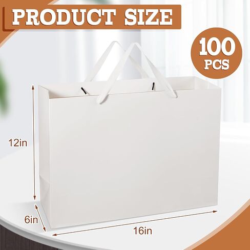 100 قطعة من أكياس الهدايا البيضاء من Ireer مع مقابض للبقع، مقاس 16 × 6 × 12 بوصة، أكياس تسوق ورقية، حقائب بوتيك كبيرة، حقائب تغليف هدايا الزفاف للبيع بالتجزئة، بضائع الأعمال الصغيرة، أعياد الميلاد، هدايا الحفلات in Saudi Arabia