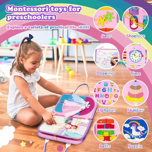 لوحة مشغولة من weirtoya للأطفال الصغار، 8 صفحات ألعاب مونتيسوري ألعاب الفتيات الصغيرات أنشطة التعلم في مرحلة ما قبل المدرسة ألعاب سفر للأطفال الصغار مع المهارات الحياتية والأبجدية والأرقام والألغاز والملابس وما إلى ذلك. ألعاب يونيكورن in Kuwait