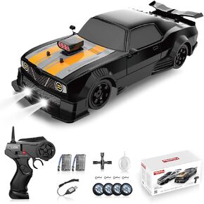 Remote Control Car 1/16 2.4GHz 4WD RC Drift Car, Rechargeable 18KM/H+ High Speed RC Cars Racing Car with Spray, Cool Lights, Two Batteries and Extra Tires Toy Car for Kids