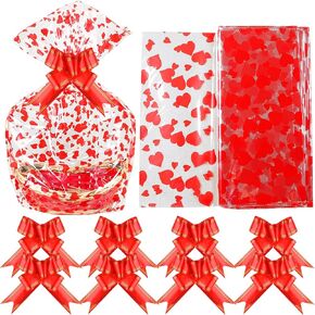 MIAHART Valentine Large Basket Bags with Bows Ribbon 23 x 35 Inches Cellophane Bags Heart Printed Cellophane Wrap for Baskets, Weddings, Bridal or Baby Showers in Kuwait
