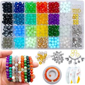 Xmada 563PCS 8mm Round Bracelet Making Kit - 20 Colors Glass Beads for Jewelry Making, Beads for Bracelets Making, Round Stone Crystal Beads (24-Grid/Glass-Bead) in Kuwait
