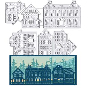 Hying 2PCS Christmas Street View Background Dies for Card Making, Apartment Buildings House Cutting Die for Scrapbooking Paper Crafting Decor DIY Photo Album Metal Christmas Die Cuts for Card Making