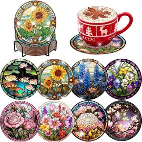 xackcme 8 PCS Rustic Flower Diamond Art Coasters-Flower Diamond Painting Coasters Kits with Holder,DIY Plants Coasters Kit for Beginners Adults Art Craft Supplies Gift