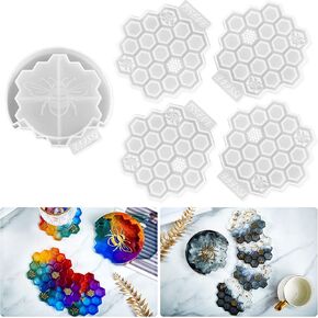 ISSEVE Honeycomb Coaster Resin Molds Set, 4Pcs Coaster Silicone Molds for Epoxy Resin with Storage Box Mold, Coaster Molds for Resin Casting, Epoxy Mold for DIY Resin Crafts, Cup Mats, Home Decoration in Kuwait