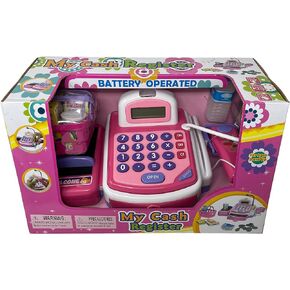 Lvnvtoys Activity Learning Family Battery Operated Electronic Cash Register Toy Pretend Play Microphone, Scanner, Money and Credit Card, Groceries with Sound Pink