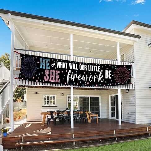 لافتة بتصميم العاب نارية للكشف عن جنس المولود مع حبل ابيض بطول 13 قدم (118 × 20 انش) لافتة ديكور لحفلات استقبال المولود الجديد والتصوير الفوتوغرافي للداخل والهواء الطلق in Kuwait