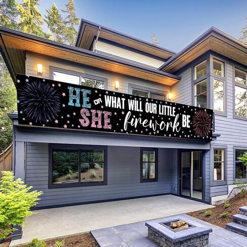 لافتة بتصميم العاب نارية للكشف عن جنس المولود مع حبل ابيض بطول 13 قدم (118 × 20 انش) لافتة ديكور لحفلات استقبال المولود الجديد والتصوير الفوتوغرافي للداخل والهواء الطلق in Kuwait