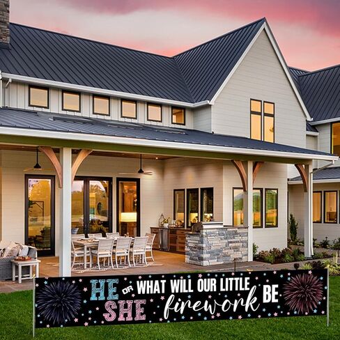 لافتة بتصميم العاب نارية للكشف عن جنس المولود مع حبل ابيض بطول 13 قدم (118 × 20 انش) لافتة ديكور لحفلات استقبال المولود الجديد والتصوير الفوتوغرافي للداخل والهواء الطلق in Kuwait