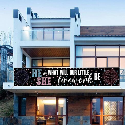 لافتة بتصميم العاب نارية للكشف عن جنس المولود مع حبل ابيض بطول 13 قدم (118 × 20 انش) لافتة ديكور لحفلات استقبال المولود الجديد والتصوير الفوتوغرافي للداخل والهواء الطلق in Kuwait