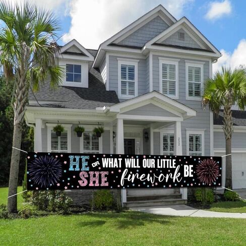 لافتة بتصميم العاب نارية للكشف عن جنس المولود مع حبل ابيض بطول 13 قدم (118 × 20 انش) لافتة ديكور لحفلات استقبال المولود الجديد والتصوير الفوتوغرافي للداخل والهواء الطلق in Kuwait