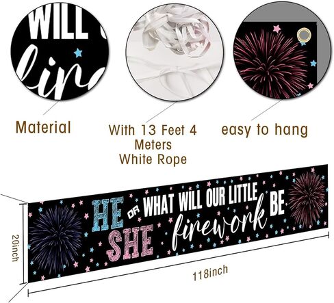 لافتة بتصميم العاب نارية للكشف عن جنس المولود مع حبل ابيض بطول 13 قدم (118 × 20 انش) لافتة ديكور لحفلات استقبال المولود الجديد والتصوير الفوتوغرافي للداخل والهواء الطلق in Kuwait