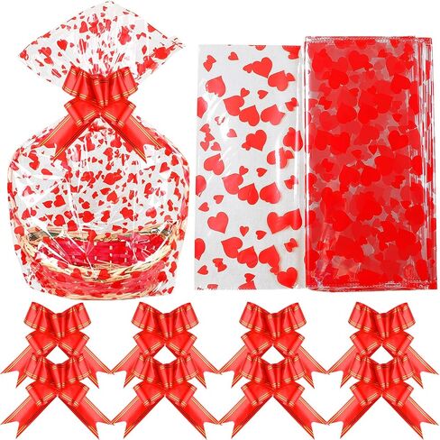 MIAHART Valentine Large Basket Bags with Bows Ribbon 23 x 35 Inches Cellophane Bags Heart Printed Cellophane Wrap for Baskets, Weddings, Bridal or Baby Showers in Kuwait