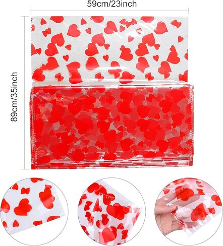 MIAHART Valentine Large Basket Bags with Bows Ribbon 23 x 35 Inches Cellophane Bags Heart Printed Cellophane Wrap for Baskets, Weddings, Bridal or Baby Showers in Kuwait