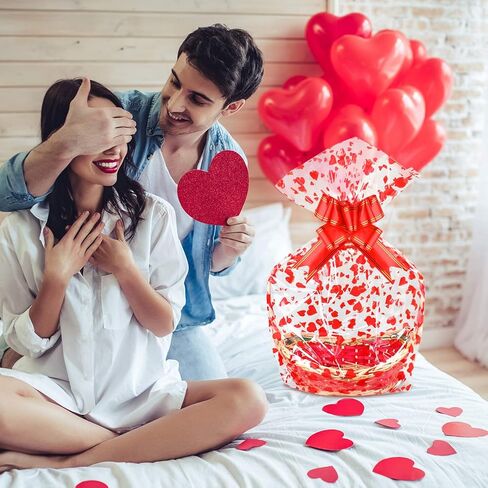 MIAHART Valentine Large Basket Bags with Bows Ribbon 23 x 35 Inches Cellophane Bags Heart Printed Cellophane Wrap for Baskets, Weddings, Bridal or Baby Showers in Kuwait