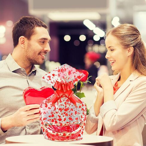 MIAHART Valentine Large Basket Bags with Bows Ribbon 23 x 35 Inches Cellophane Bags Heart Printed Cellophane Wrap for Baskets, Weddings, Bridal or Baby Showers in Kuwait