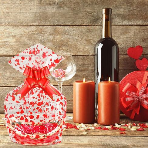 MIAHART Valentine Large Basket Bags with Bows Ribbon 23 x 35 Inches Cellophane Bags Heart Printed Cellophane Wrap for Baskets, Weddings, Bridal or Baby Showers in Kuwait