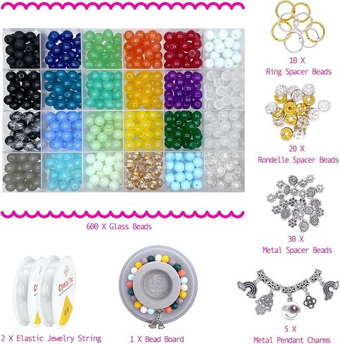 Xmada 563PCS 8mm Round Bracelet Making Kit - 20 Colors Glass Beads for Jewelry Making, Beads for Bracelets Making, Round Stone Crystal Beads (24-Grid/Glass-Bead) in Kuwait